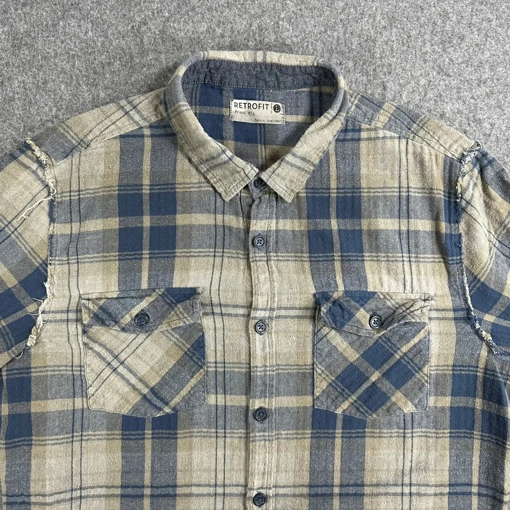 Retrofit Mens‎ Large Plaid Distressed Flannel Shirt Blue Tan Grunge